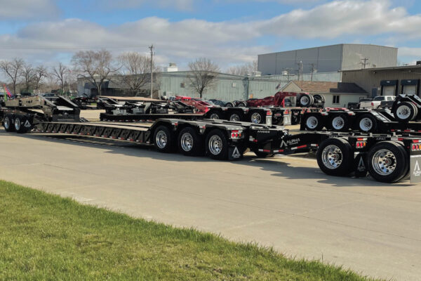 A130HDG-SF2 heavy haul trailer manufactured by Alpha HD Trailers viewed from behind trailer